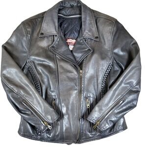 Vintage Hillside Leather Jacket Motorcycle Braided Trim Black Made in USA - M‎